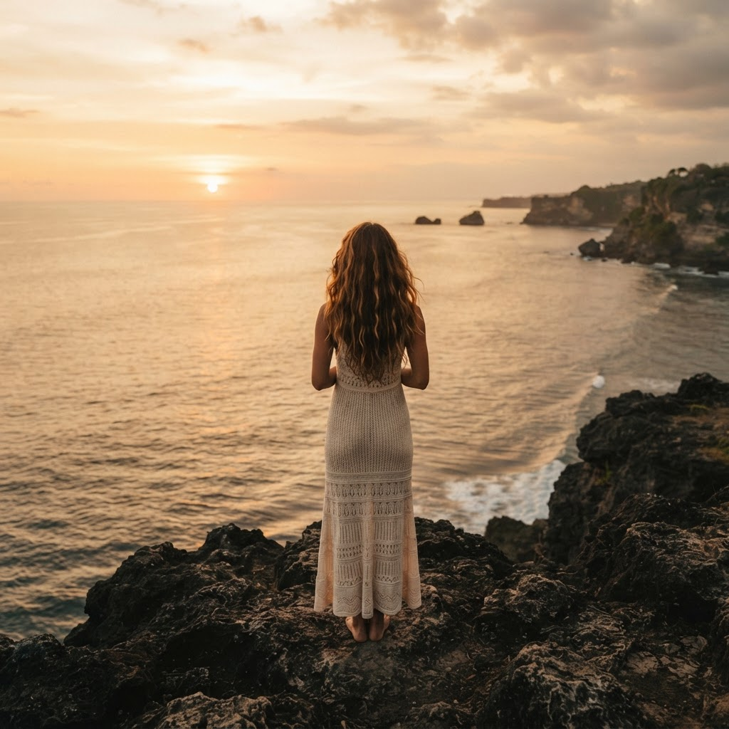 Featured campaign post showing a woman looking at the ocean at sunset